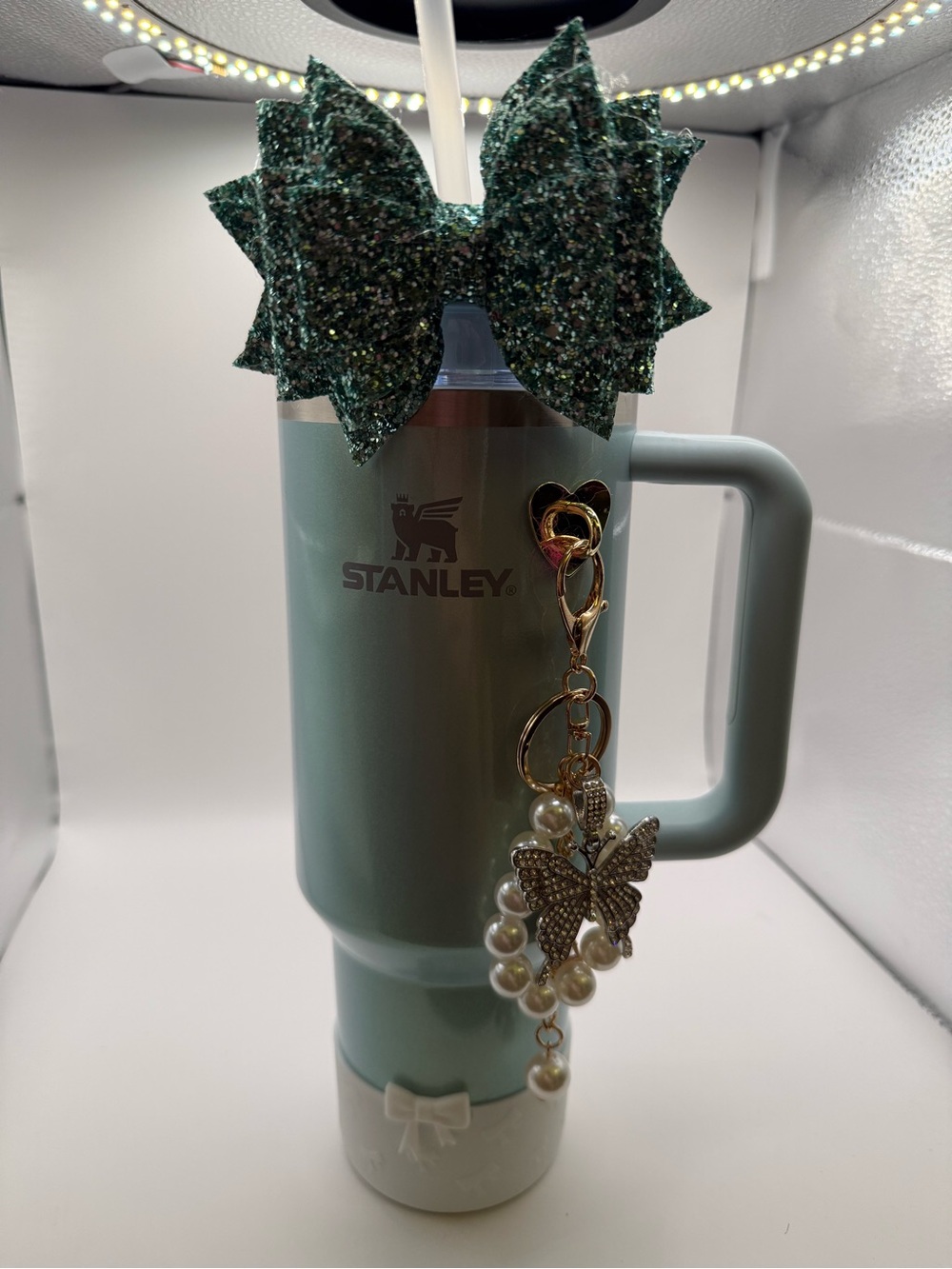Stanley Mint Green Travel Mug with Pearl Butterfly Key Charm
